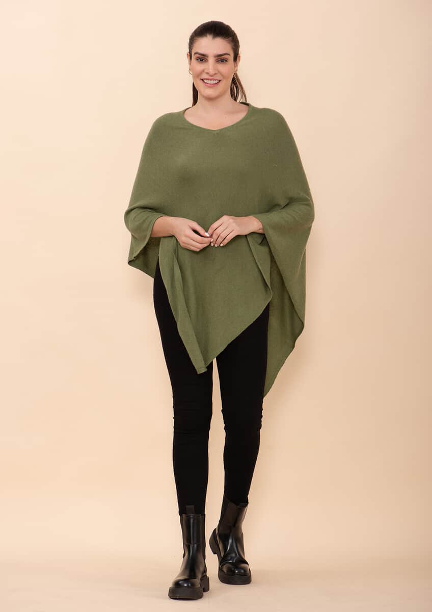 Tamsy Olive 100% Pashmina Wool Poncho (One Size Fits Most) image number 0