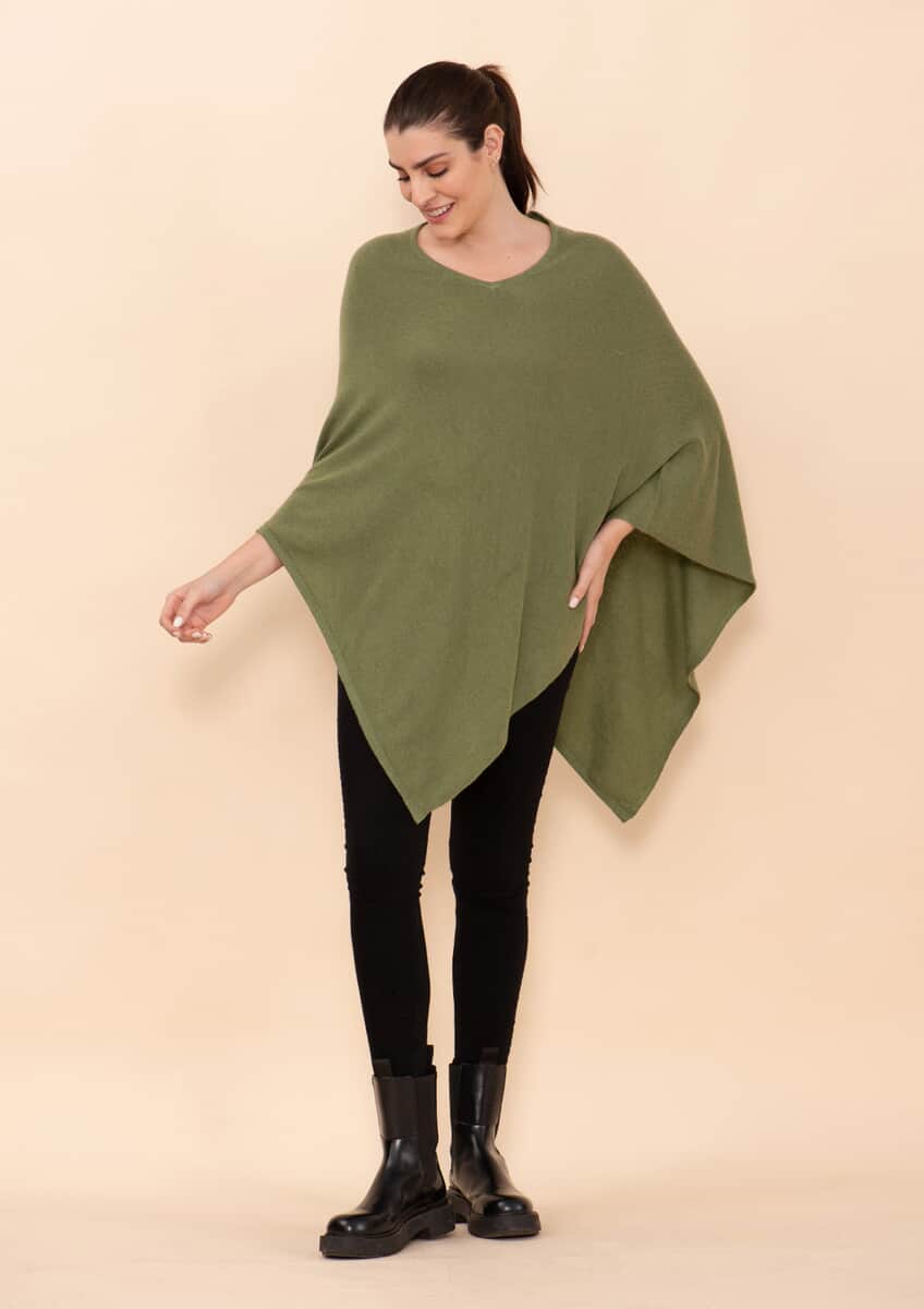 Tamsy Olive 100% Pashmina Wool Poncho (One Size Fits Most) image number 2