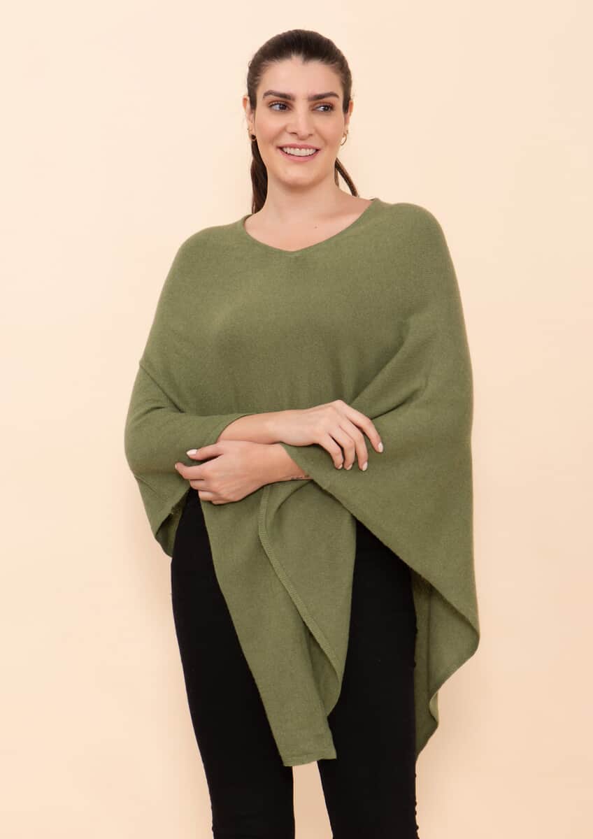 Tamsy Olive 100% Pashmina Wool Poncho (One Size Fits Most) image number 3