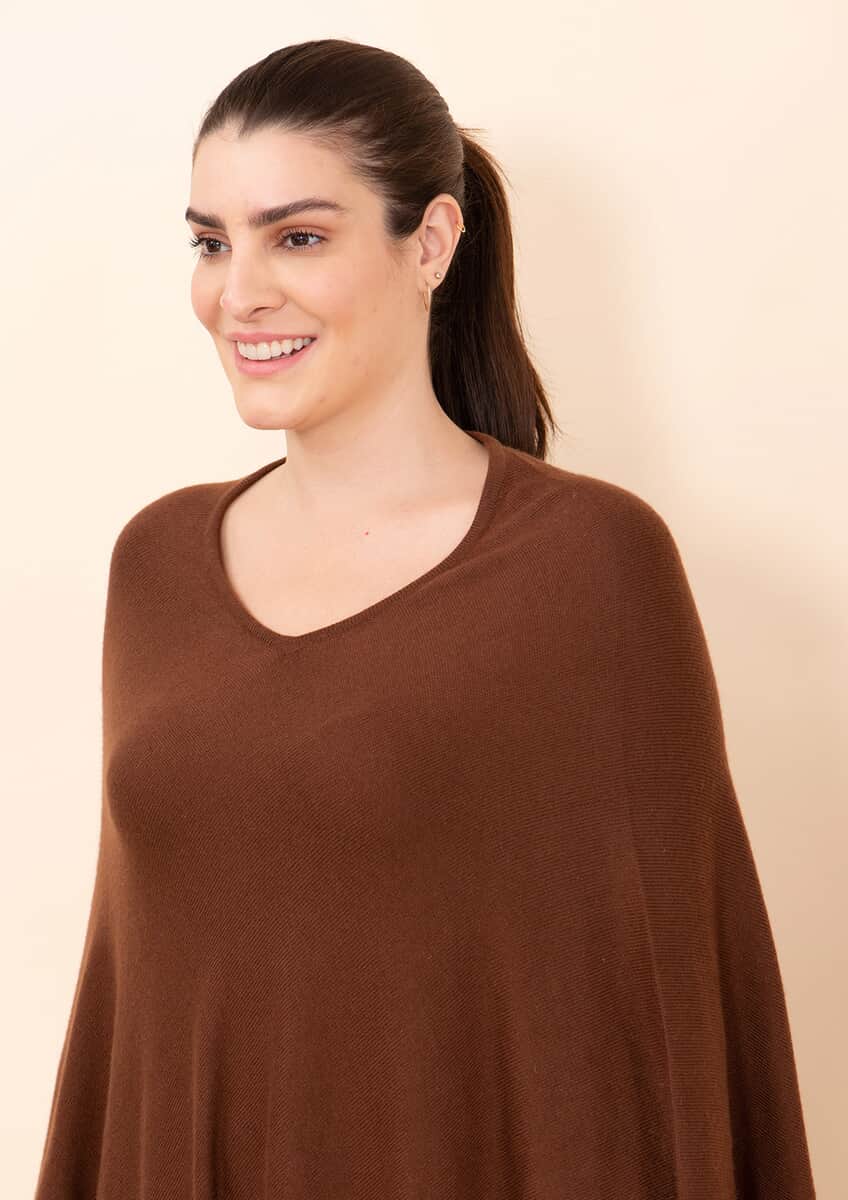 Tamsy Chocolate 100% Pashmina Wool Poncho (One Size Fits Most) image number 4