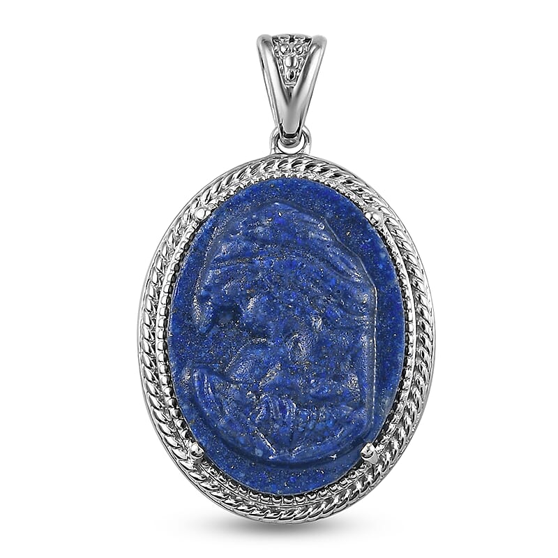 Karis Freshened Lapis Lazuli Carved Mother Mary Pendant in Platinum Bond 8.90 ctw