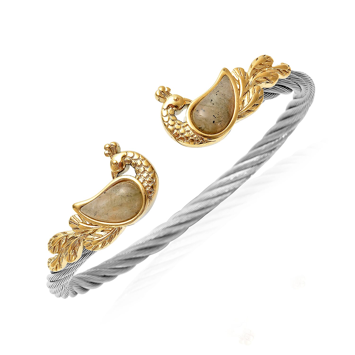 Malagasy Labradorite Twisted Rope Textured Peacock Cuff Bracelet in ION Plated Yellow Gold and Stainless Steel (7.50 In) 4.90 ctw