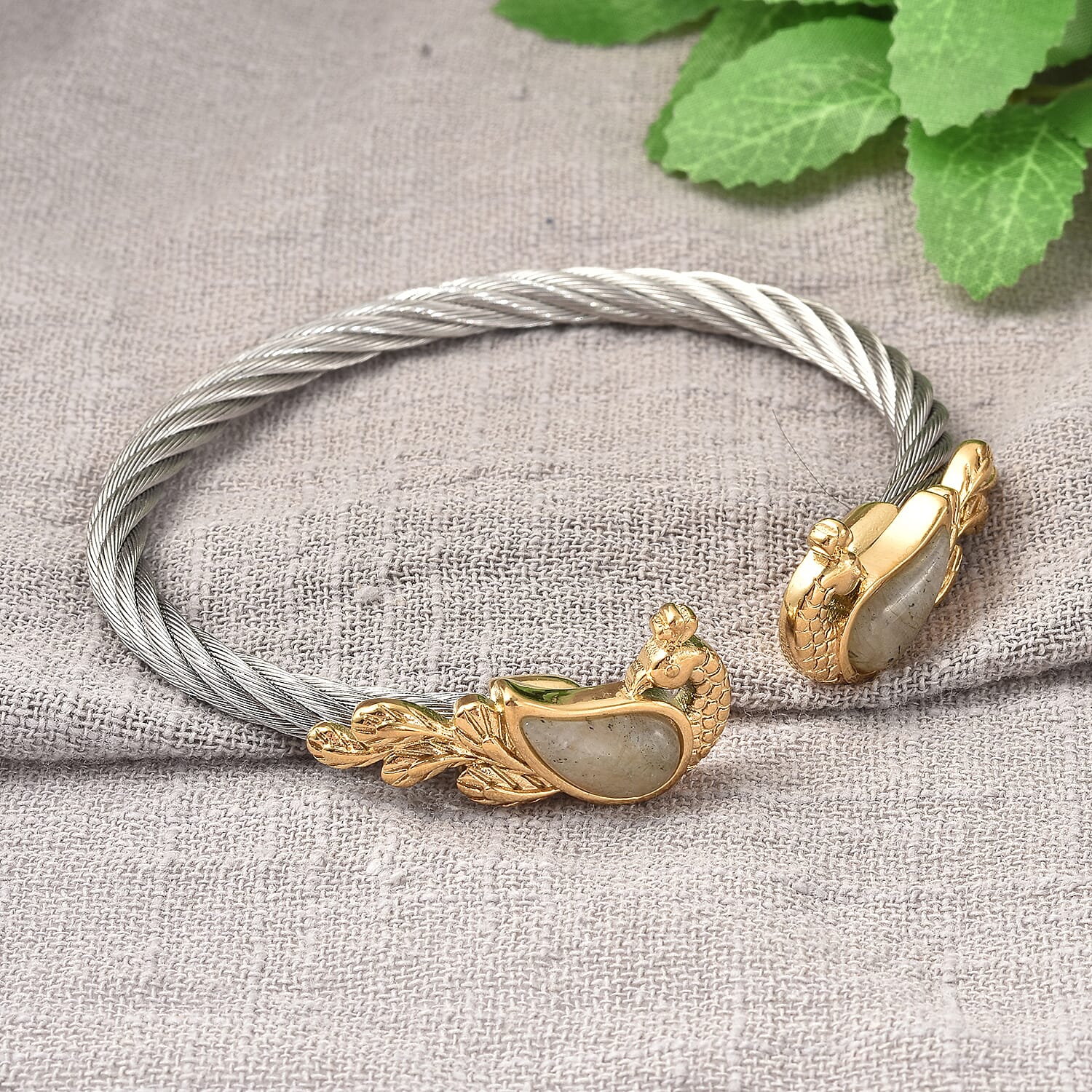 Malagasy Labradorite Twisted Rope Textured Peacock Cuff Bracelet in ION Plated Yellow Gold and Stainless Steel (7.50 In) 4.90 ctw