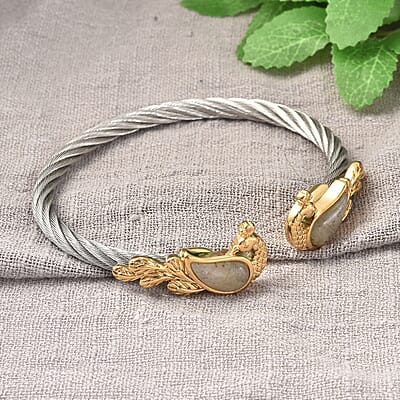Malagasy Labradorite Twisted Rope Textured Peacock Cuff Bracelet in ION Plated Yellow Gold and Stainless Steel (7.50 In) 4.90 ctw
