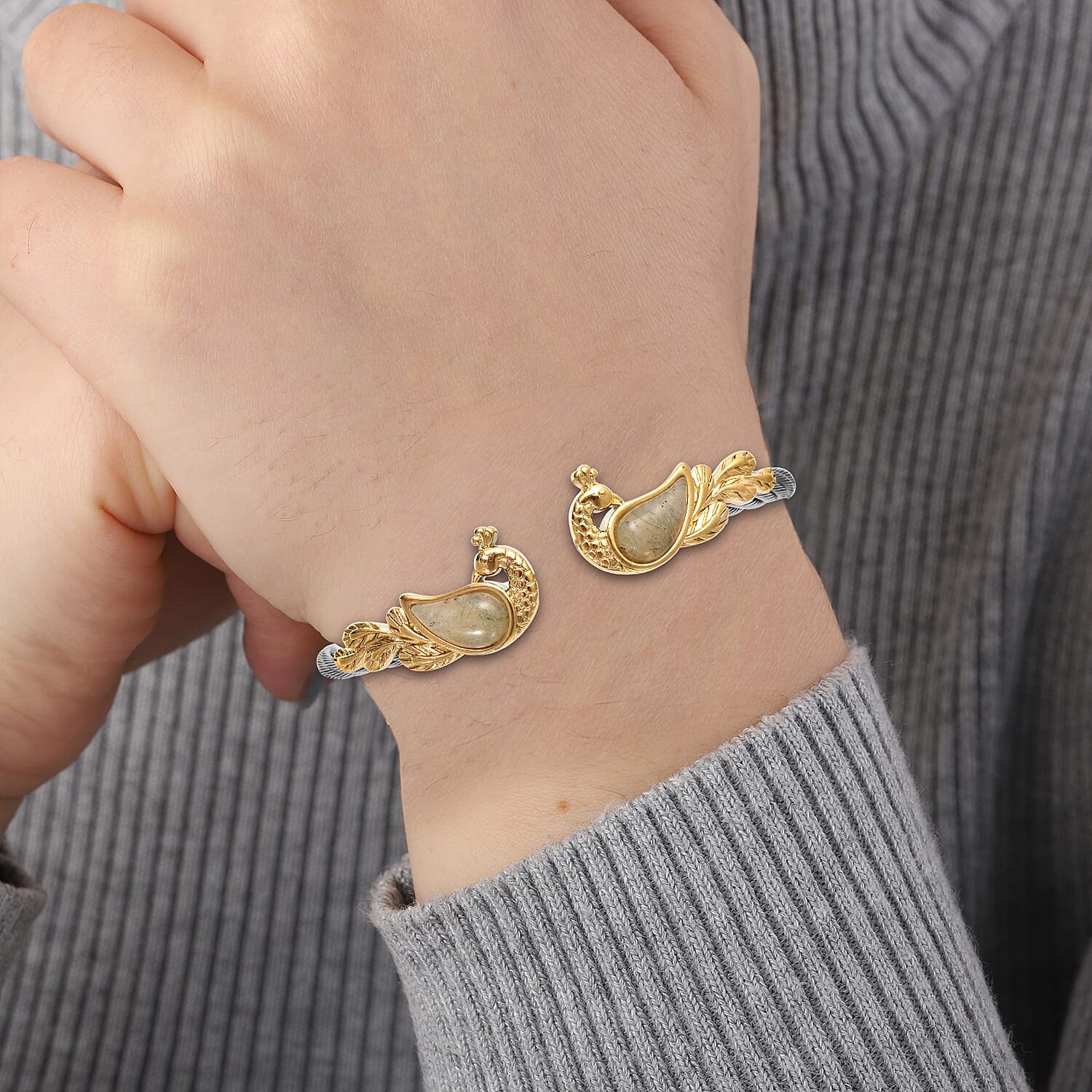 Malagasy Labradorite Twisted Rope Textured Peacock Cuff Bracelet in ION Plated Yellow Gold and Stainless Steel (7.50 In) 4.90 ctw