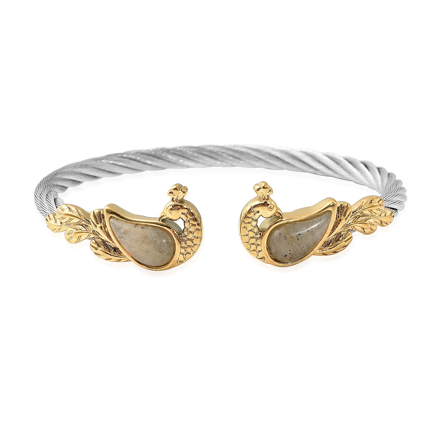 Malagasy Labradorite Twisted Rope Textured Peacock Cuff Bracelet in ION Plated Yellow Gold and Stainless Steel (7.50 In) 4.90 ctw