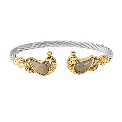 Malagasy Labradorite Twisted Rope Textured Peacock Cuff Bracelet in ION Plated Yellow Gold and Stainless Steel (7.50 In) 4.90 ctw