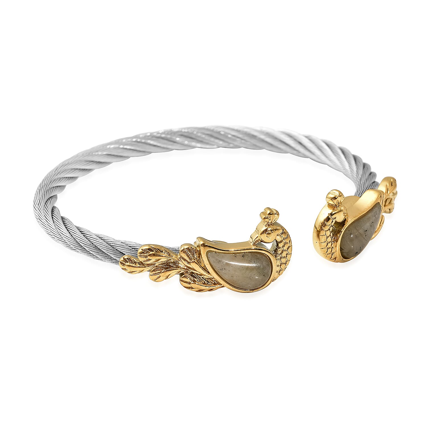 Malagasy Labradorite Twisted Rope Textured Peacock Cuff Bracelet in ION Plated Yellow Gold and Stainless Steel (7.50 In) 4.90 ctw