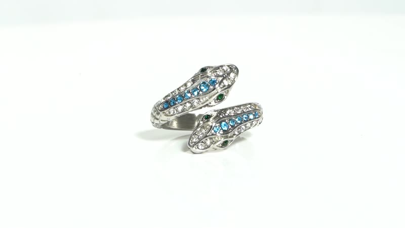 Blue, White and Green Austrian Crystal Serpent Couple Open Ring in Stainless Steel
