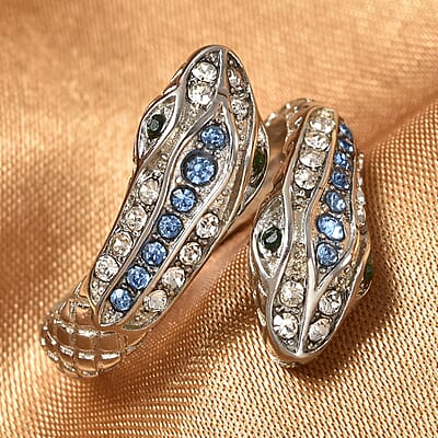 Blue, White and Green Austrian Crystal Serpent Couple Open Ring in Stainless Steel (Size 10.0)
