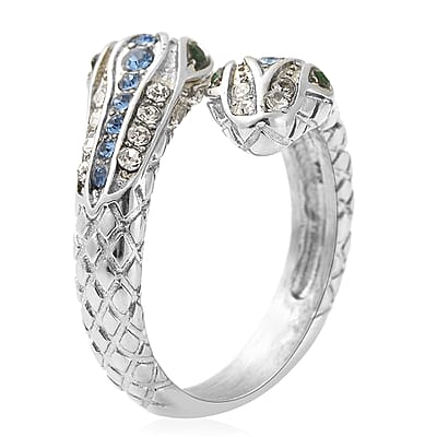 Blue, White and Green Austrian Crystal Serpent Couple Open Ring in Stainless Steel (Size 10.0)