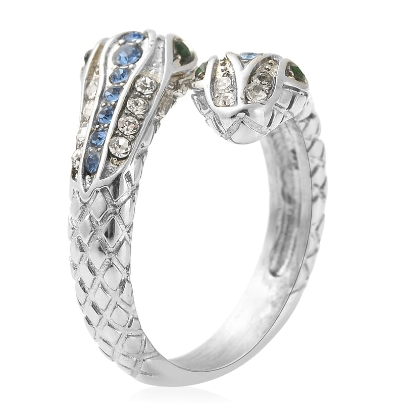 Blue, White and Green Austrian Crystal Serpent Couple Open Ring in Stainless Steel (Size 10.0)