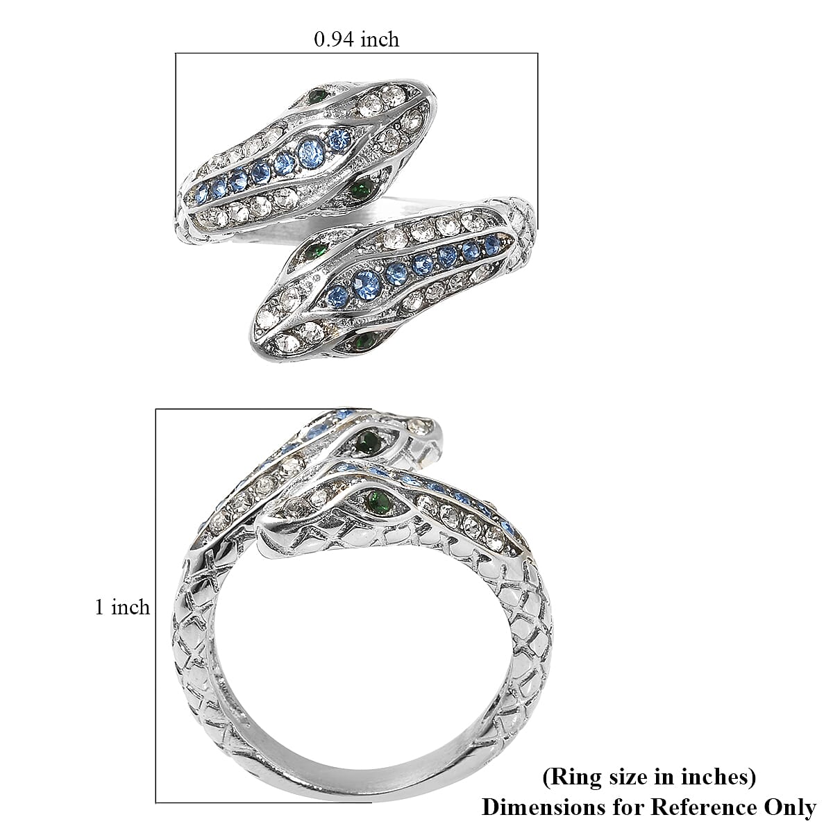 Blue, White and Green Austrian Crystal Serpent Couple Open Ring in Stainless Steel (Size 10.0)