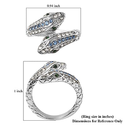 Blue, White and Green Austrian Crystal Serpent Couple Open Ring in Stainless Steel (Size 10.0)