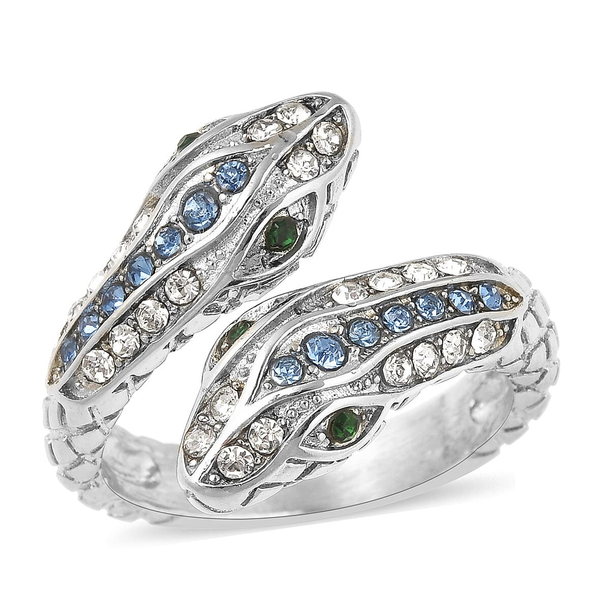 Blue, White and Green Austrian Crystal Serpent Couple Open Ring in Stainless Steel (Size 7.0) image number 0