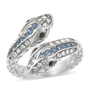 Blue, White and Green Austrian Crystal Serpent Couple Open Ring in Stainless Steel (Size 7.0)