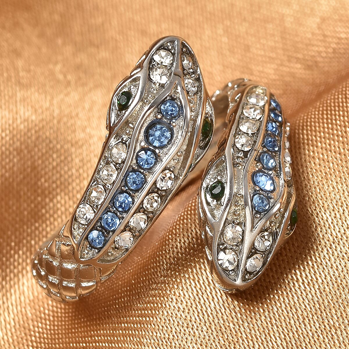 Blue, White and Green Austrian Crystal Serpent Couple Open Ring in Stainless Steel (Size 7.0) image number 1