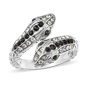 Black, White and Green Austrian Crystal Serpent Couple Open Ring in Stainless Steel (Size 6.0)