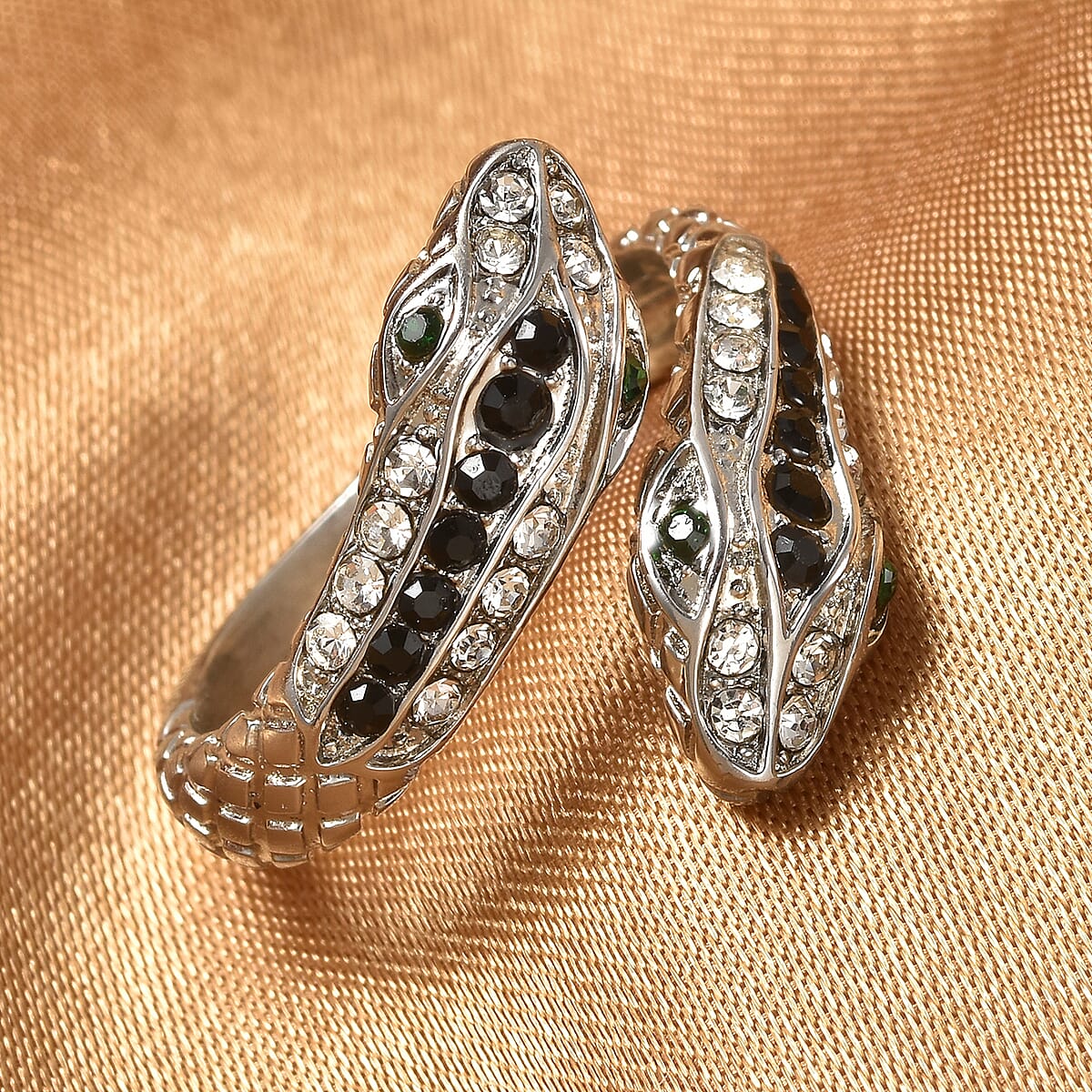 Black, White and Green Austrian Crystal Serpent Couple Open Ring in Stainless Steel (Size 6.0) image number 1