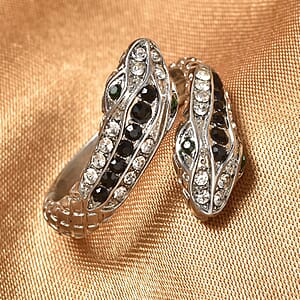 Black, White and Green Austrian Crystal Serpent Couple Open Ring in Stainless Steel (Size 6.0)