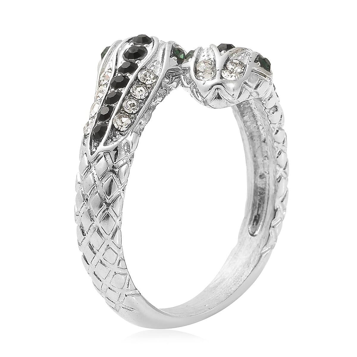 Black, White and Green Austrian Crystal Serpent Couple Open Ring in Stainless Steel (Size 7.0) image number 3