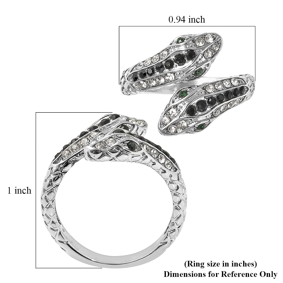 Black, White and Green Austrian Crystal Serpent Couple Open Ring in Stainless Steel (Size 7.0) image number 5