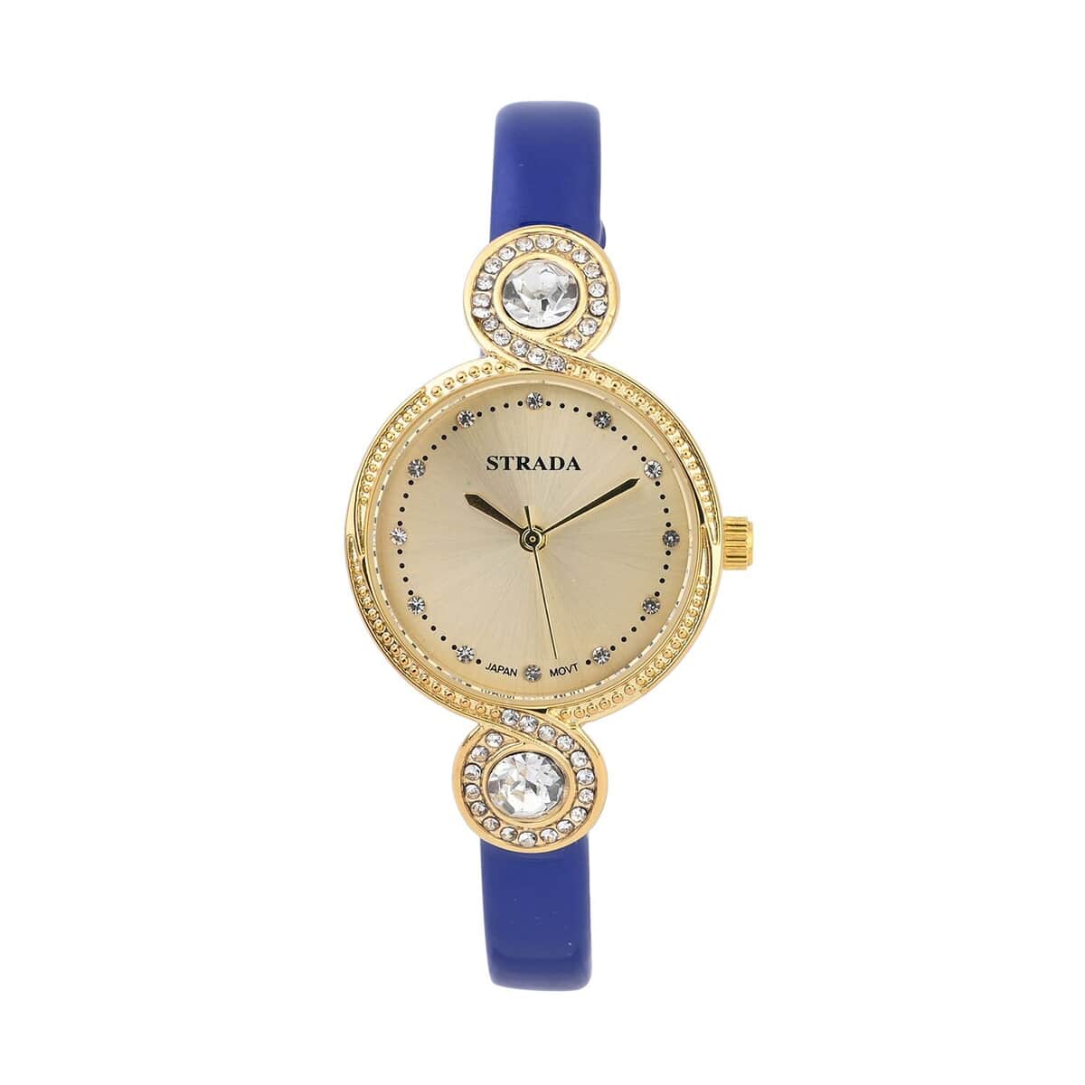 Strada Austrian Crystal Japanese Movement Infinity Watch in Rosetone with Dark Blue Faux Leather Strap (28.20mm) (5.75-7.50 Inches) image number 0