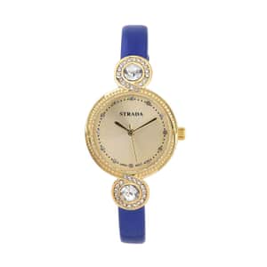 Strada Austrian Crystal Japanese Movement Infinity Watch in Rosetone with Dark Blue Faux Leather Strap (28.20mm) (5.75-7.50 Inches)