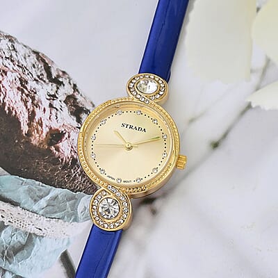 Strada Austrian Crystal Japanese Movement Infinity Watch in Rosetone with Dark Blue Faux Leather Strap (28.20mm) (5.75-7.50 Inches)