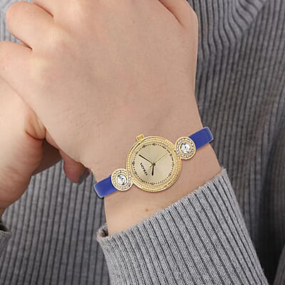Strada Austrian Crystal Japanese Movement Infinity Watch in Rosetone with Dark Blue Faux Leather Strap (28.20mm) (5.75-7.50 Inches)