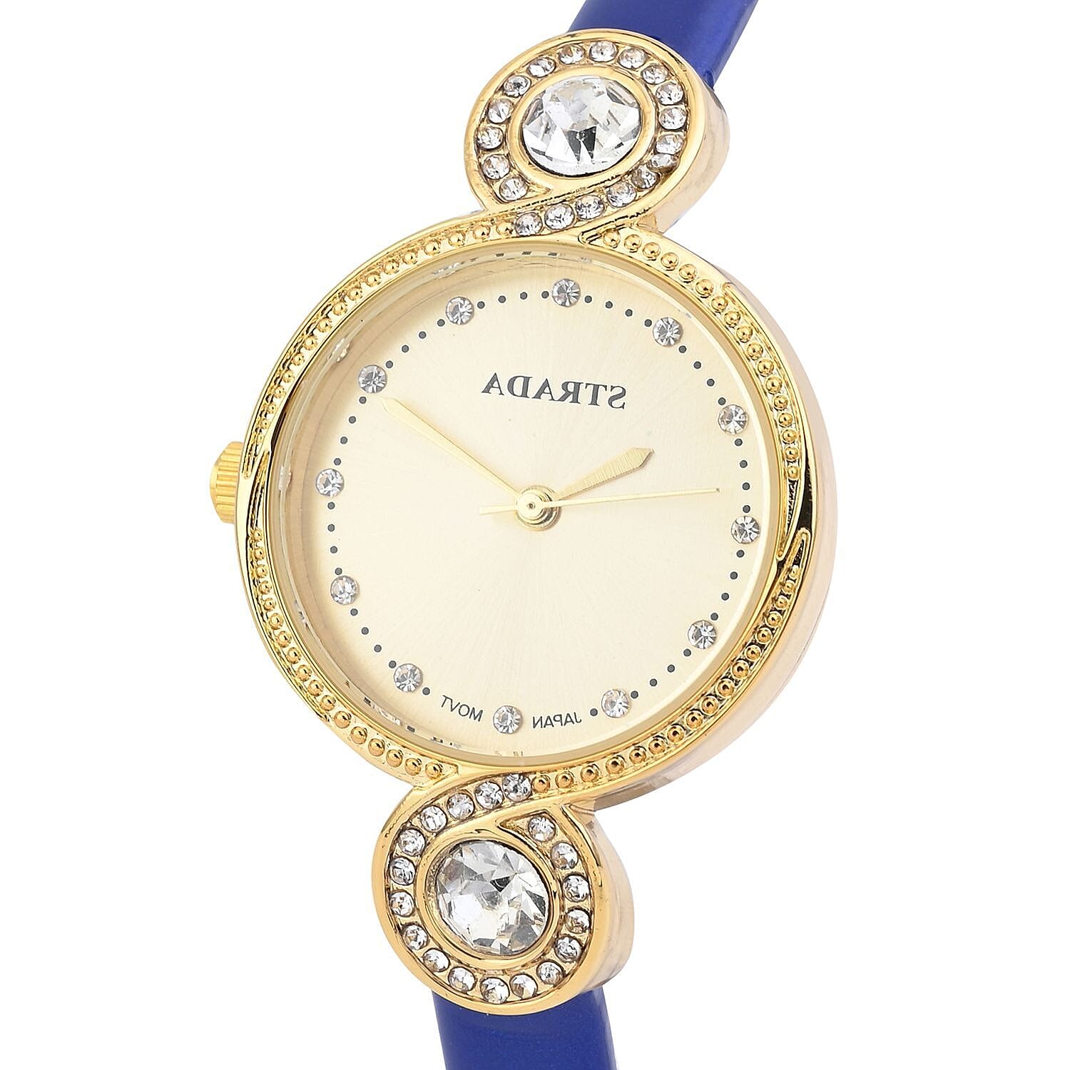 Strada Austrian Crystal Japanese Movement Infinity Watch in Rosetone with Dark Blue Faux Leather Strap (28.20mm) (5.75-7.50 Inches)