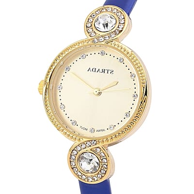 Strada Austrian Crystal Japanese Movement Infinity Watch in Rosetone with Dark Blue Faux Leather Strap (28.20mm) (5.75-7.50 Inches)