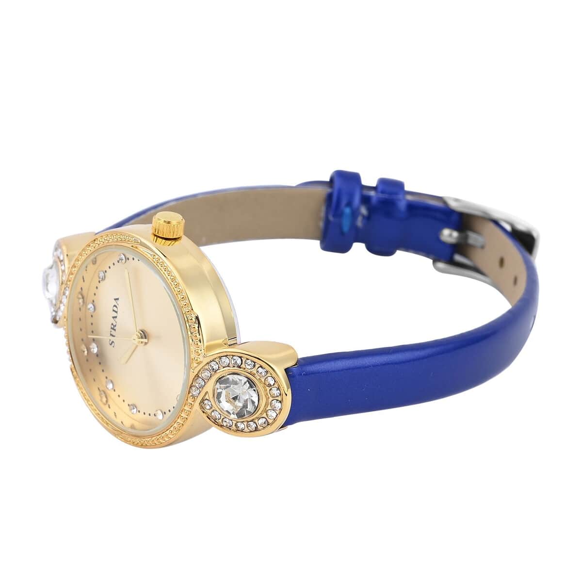 Strada Austrian Crystal Japanese Movement Infinity Watch in Rosetone with Dark Blue Faux Leather Strap (28.20mm) (5.75-7.50 Inches) image number 4