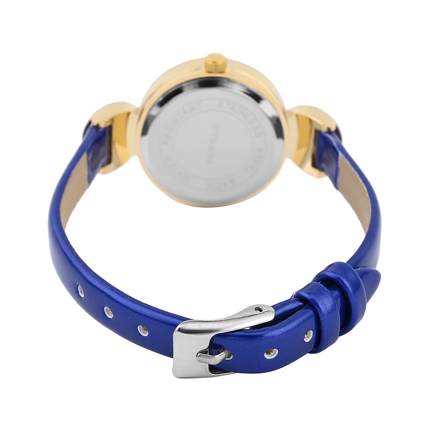 Strada Austrian Crystal Japanese Movement Infinity Watch in Rosetone with Dark Blue Faux Leather Strap (28.20mm) (5.75-7.50 Inches)