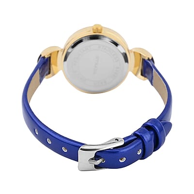 Strada Austrian Crystal Japanese Movement Infinity Watch in Rosetone with Dark Blue Faux Leather Strap (28.20mm) (5.75-7.50 Inches)