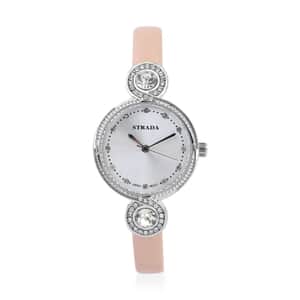 Strada Austrian Crystal Japanese Movement Infinity Watch in Silvertone with Apricot Faux Leather Strap (28.20mm) (5.75-7.50 Inches)