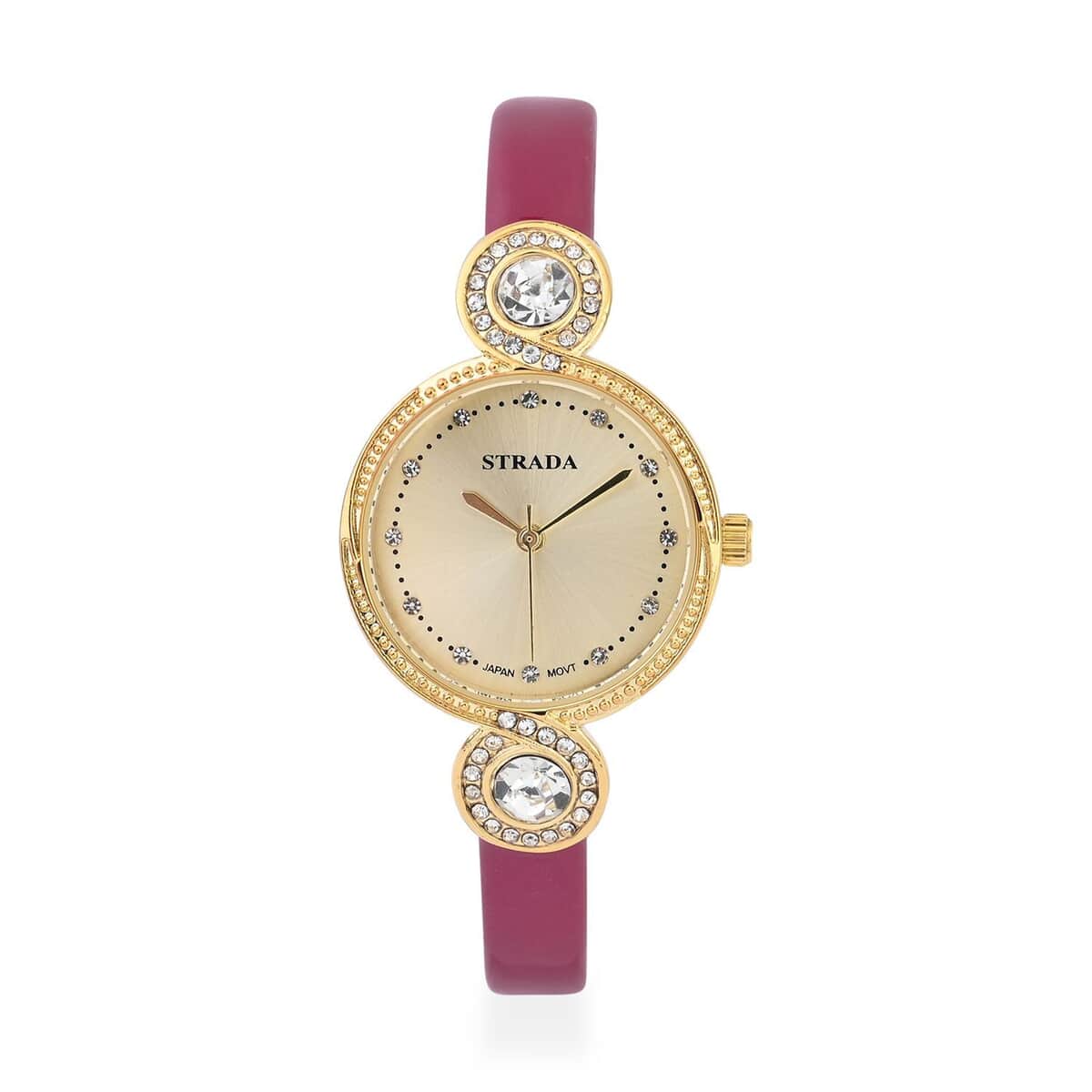 Strada Austrian Crystal Japanese Movement Infinity Watch in Goldtone with Fuchsia Faux Leather Strap (28.20mm) (5.75-7.50 Inches) image number 0