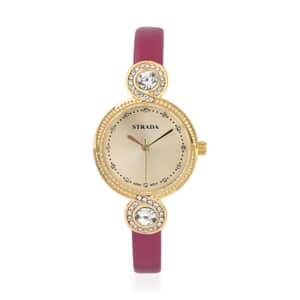 Strada Austrian Crystal Japanese Movement Infinity Watch in Goldtone with Fuchsia Faux Leather Strap (28.20mm) (5.75-7.50 Inches)