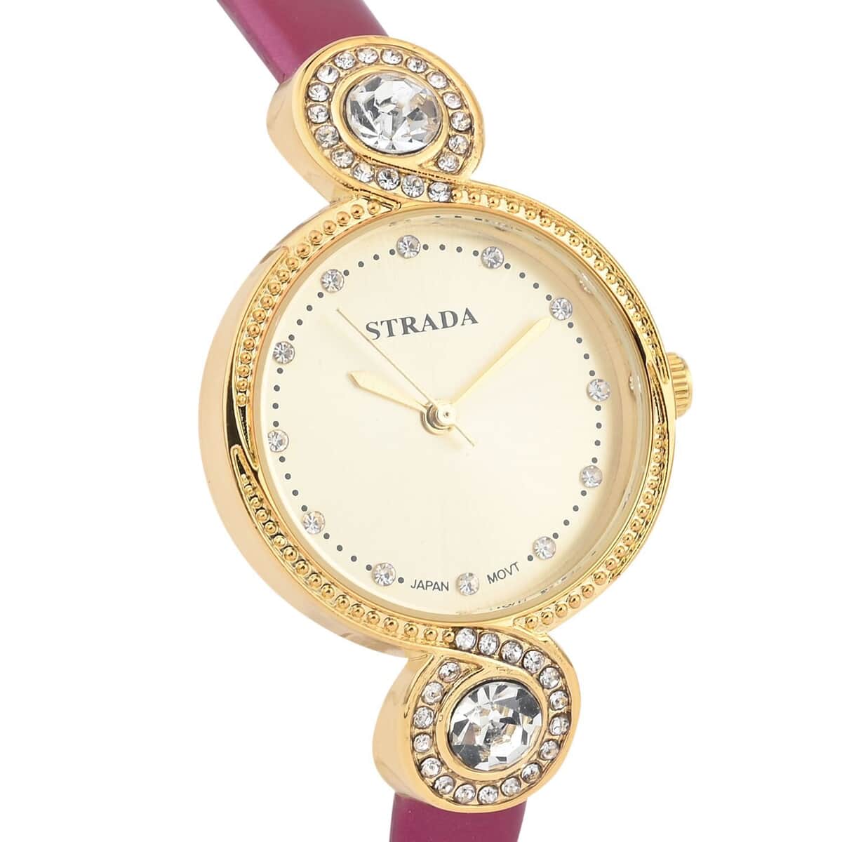 Strada Austrian Crystal Japanese Movement Infinity Watch in Goldtone with Fuchsia Faux Leather Strap (28.20mm) (5.75-7.50 Inches) image number 3