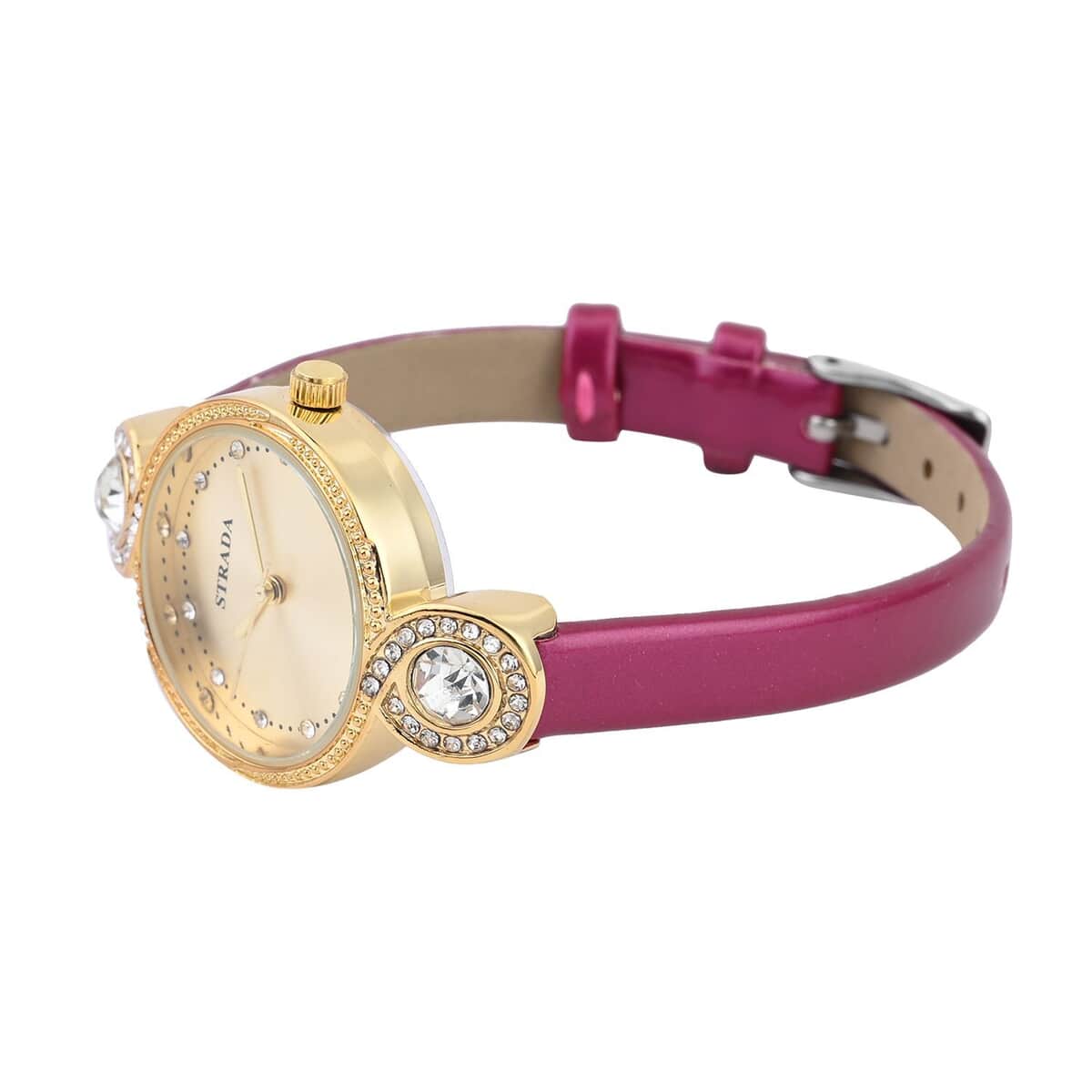 Strada Austrian Crystal Japanese Movement Infinity Watch in Goldtone with Fuchsia Faux Leather Strap (28.20mm) (5.75-7.50 Inches) image number 4