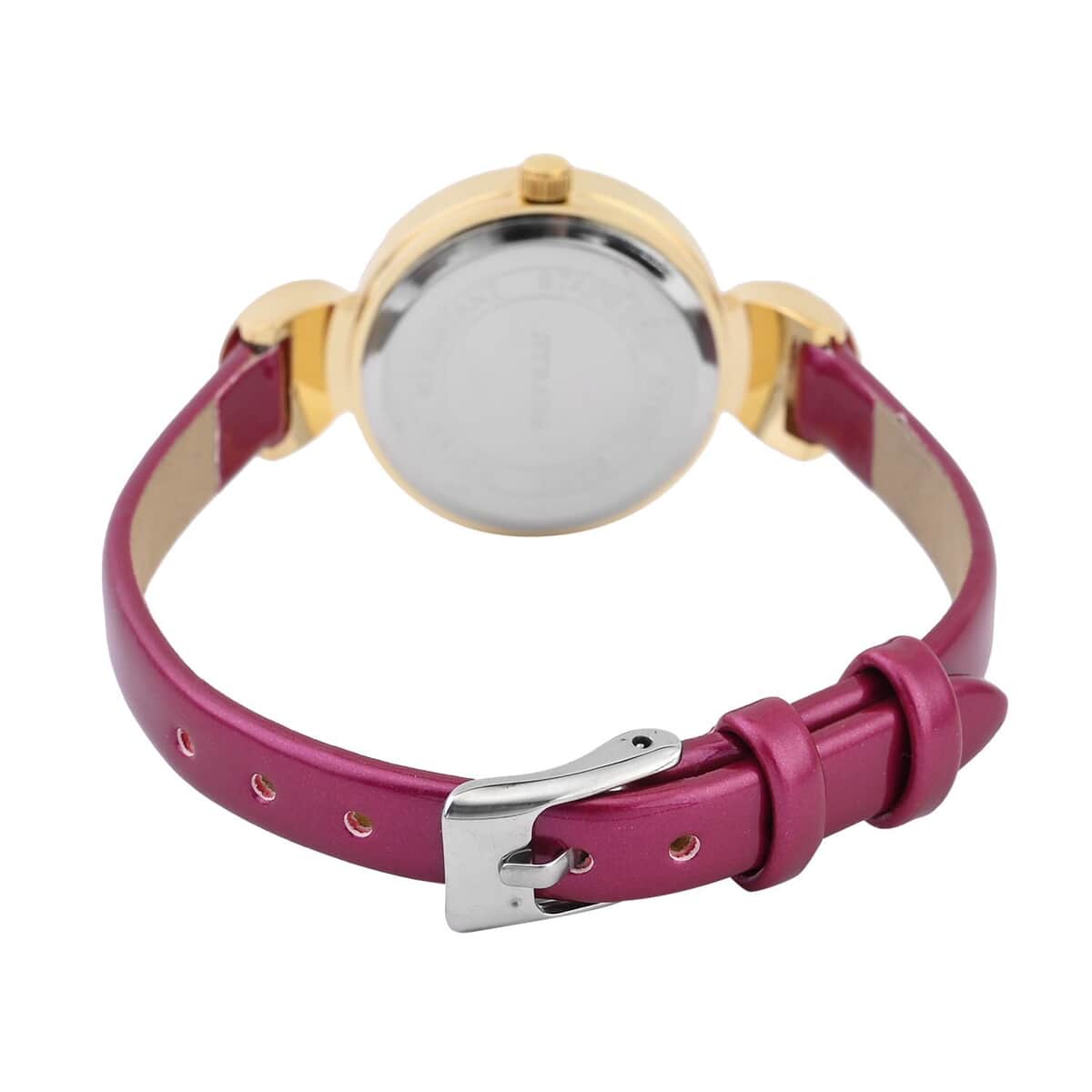 Strada Austrian Crystal Japanese Movement Infinity Watch in Goldtone with Fuchsia Faux Leather Strap (28.20mm) (5.75-7.50 Inches) image number 5