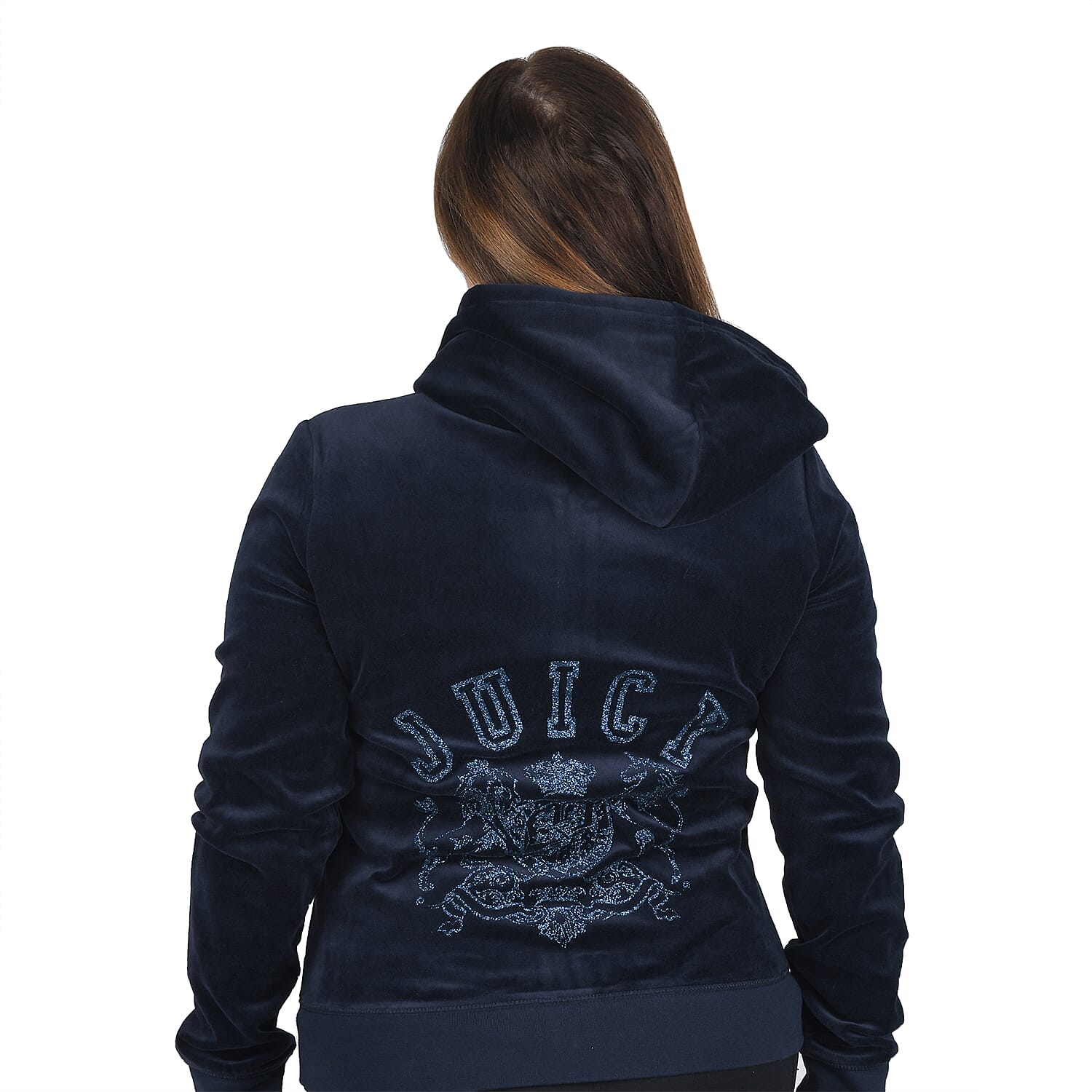 JUICY COUTURE Navy Velour Zip-up Hooded Jacket with Monogram - L