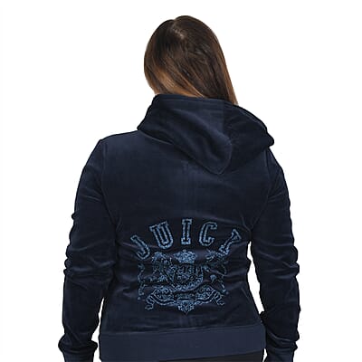 JUICY COUTURE Navy Velour Zip-up Hooded Jacket with Monogram - L