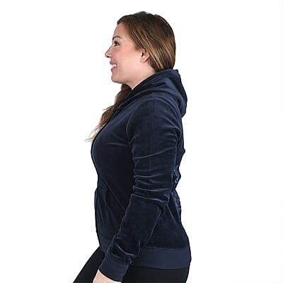 JUICY COUTURE Navy Velour Zip-up Hooded Jacket with Monogram - L