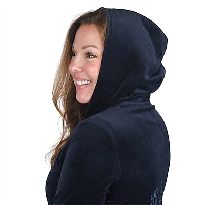 JUICY COUTURE Navy Velour Zip-up Hooded Jacket with Monogram - L