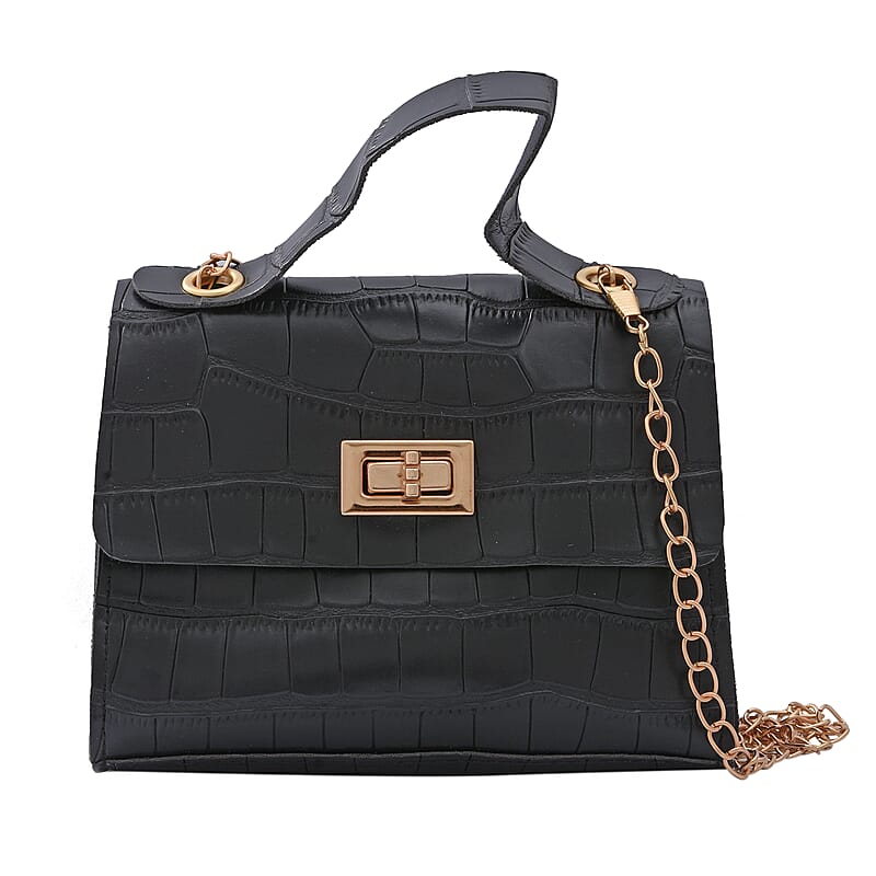 Royal Siamese Black Croc Embossed Faux Leather Mini Handbag with Detachable Chain Shoulder Strap