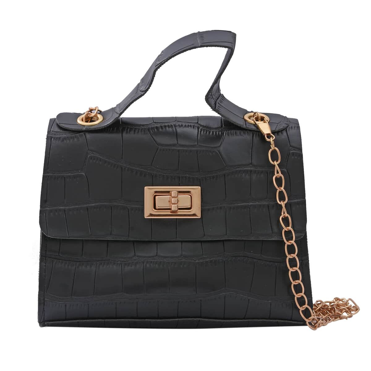 ROYAL SIAMESE Black Croc Embossed Faux Leather Mini Handbag (6.69"x2.76"x54.72") with Detachable Chain Shoulder Strap image number 0