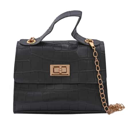 Royal Siamese Black Croc Embossed Faux Leather Mini Handbag with Detachable Chain Shoulder Strap image number 0