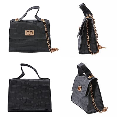Royal Siamese Black Croc Embossed Faux Leather Mini Handbag with Detachable Chain Shoulder Strap