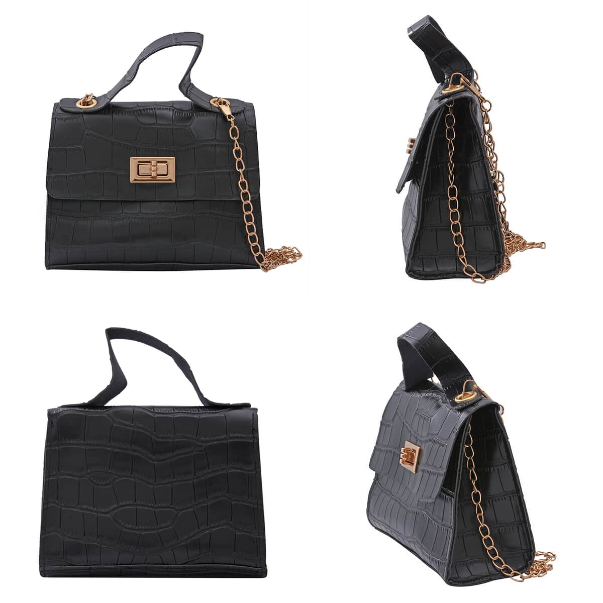 Royal Siamese Black Croc Embossed Faux Leather Mini Handbag with Detachable Chain Shoulder Strap image number 1